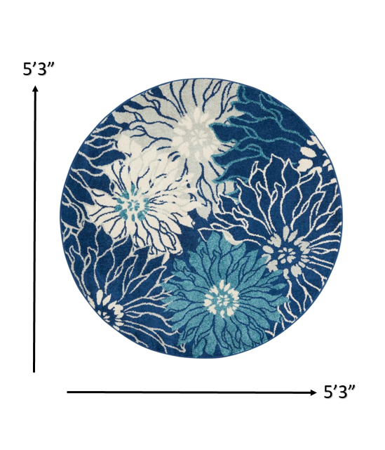 5" Blue And Ivory Round Floral Dhurrie Area Rug