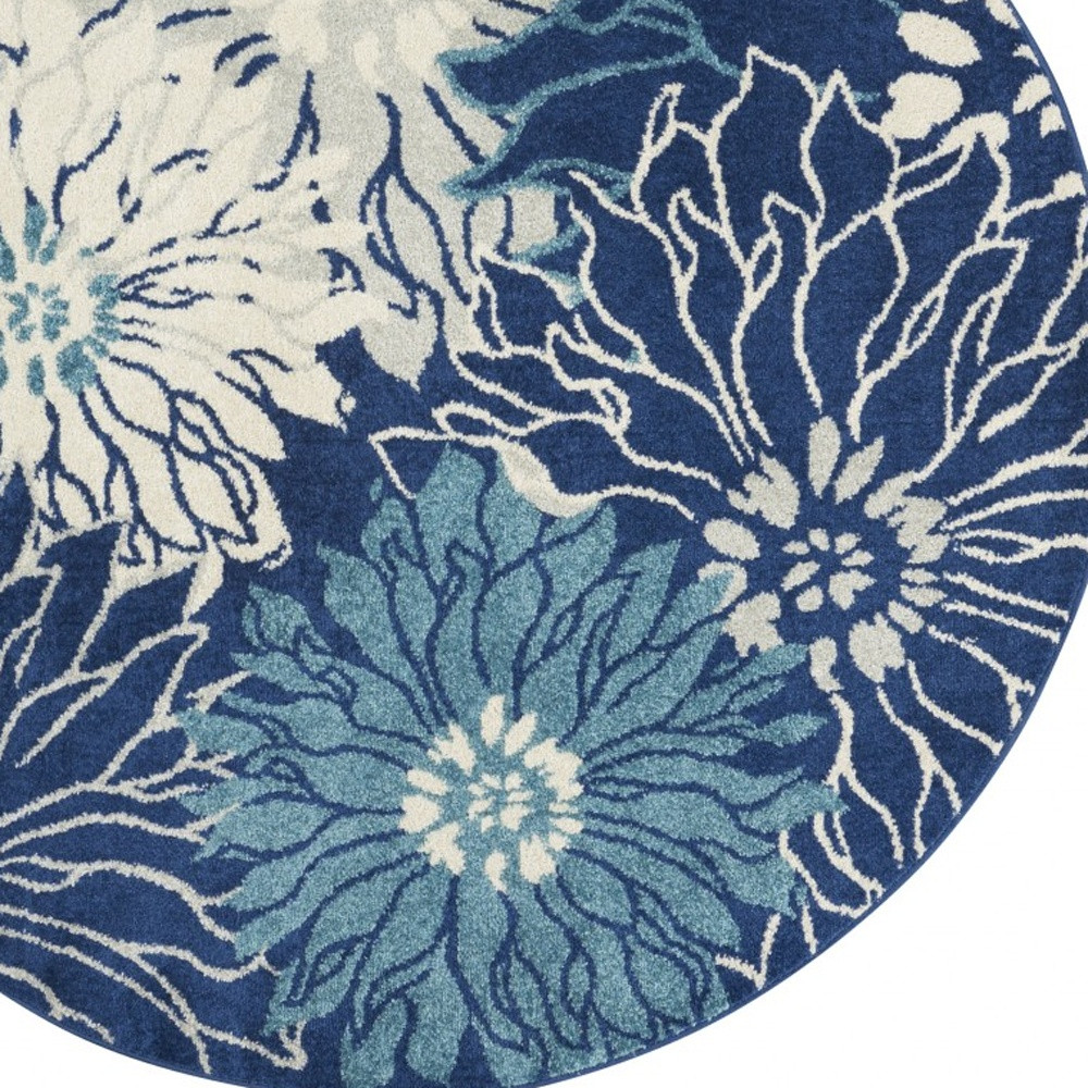 5" Blue And Ivory Round Floral Dhurrie Area Rug
