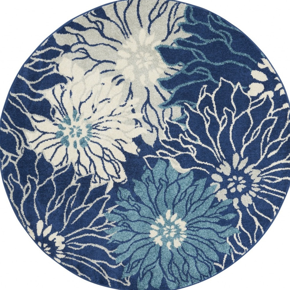 5" Blue And Ivory Round Floral Dhurrie Area Rug