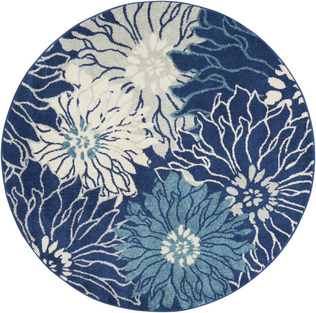 5" Blue And Ivory Round Floral Dhurrie Area Rug