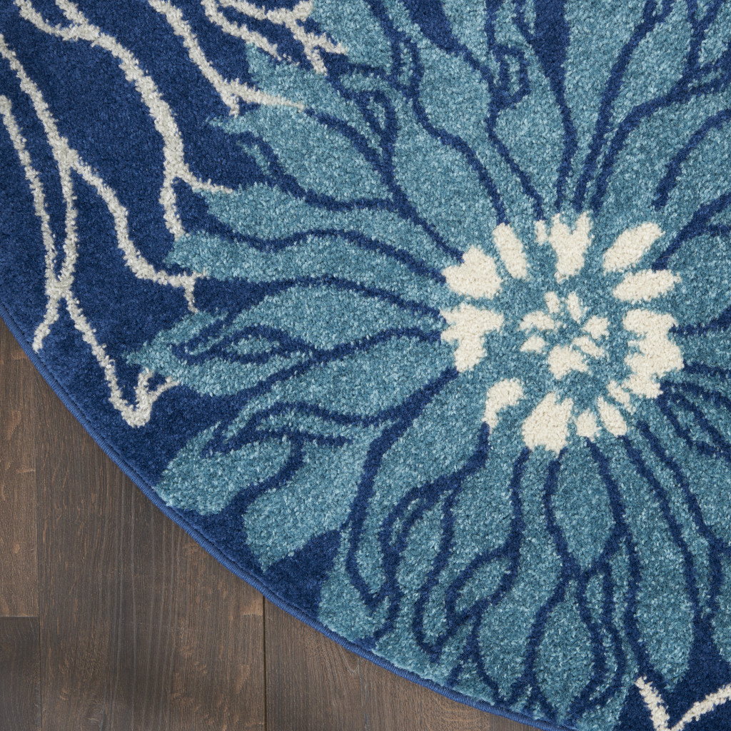 5" Blue And Ivory Round Floral Dhurrie Area Rug