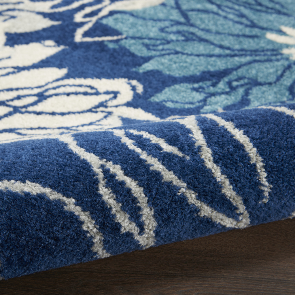 5" Blue And Ivory Round Floral Dhurrie Area Rug