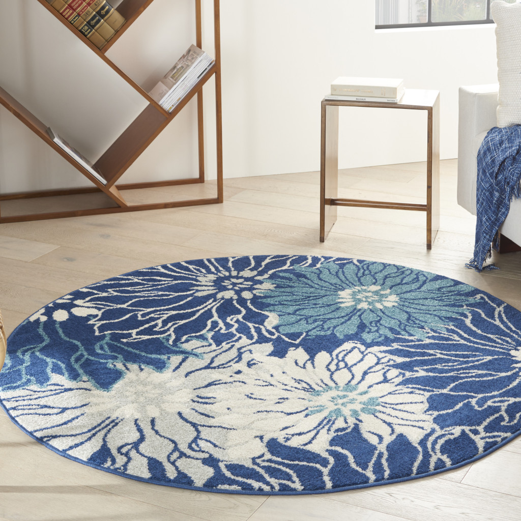5" Blue And Ivory Round Floral Dhurrie Area Rug