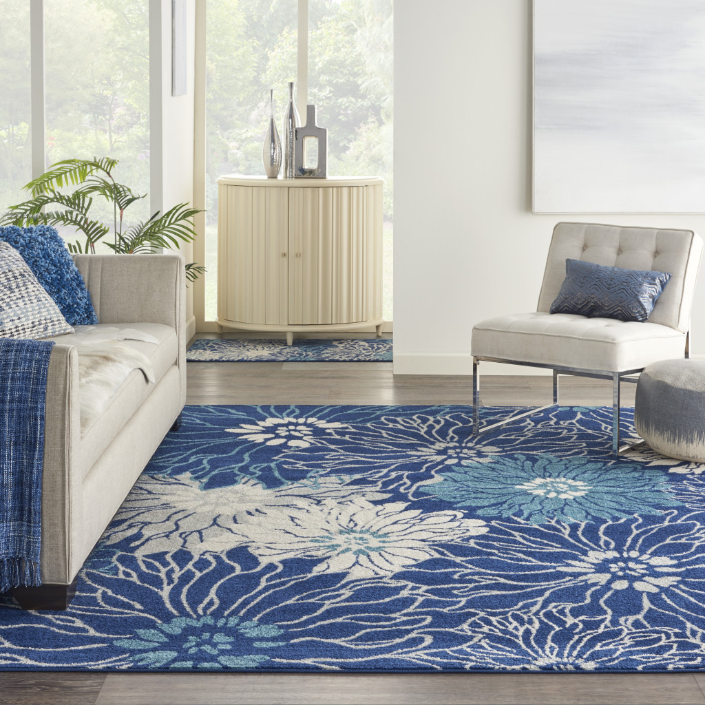 8" X 10" Blue And Ivory Floral Power Loom Area Rug