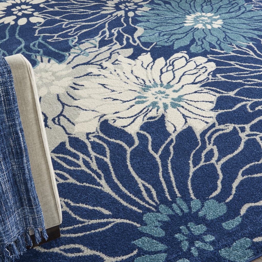 8" X 10" Blue And Ivory Floral Power Loom Area Rug