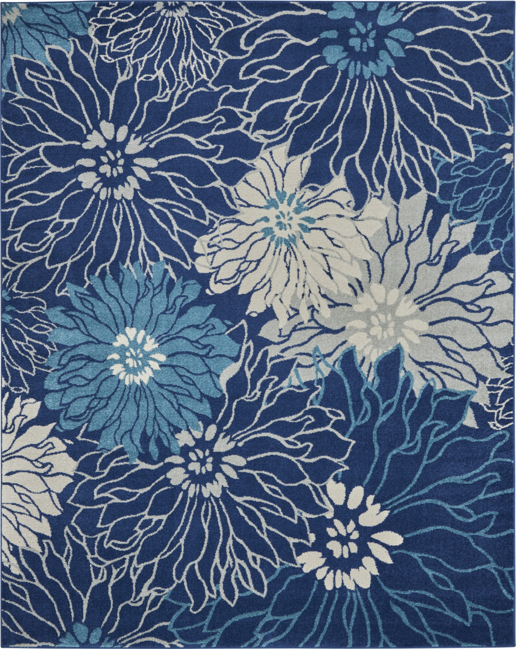 8" X 10" Blue And Ivory Floral Power Loom Area Rug