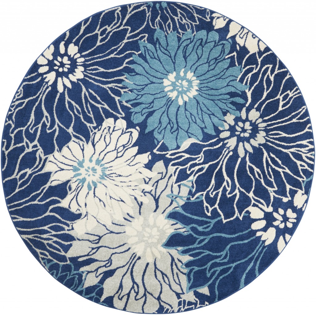 8' Blue And Ivory Round Floral Dhurrie Area Rug-385483-1