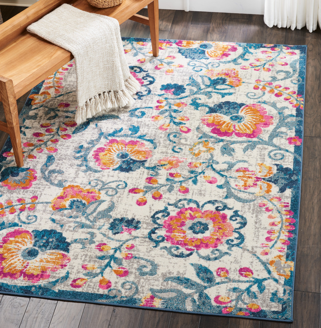 5" X 7" Ivory Floral Dhurrie Area Rug