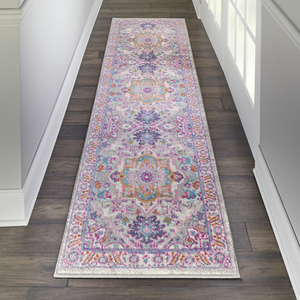 8" Pink And Gray Power Loom Runner Rug