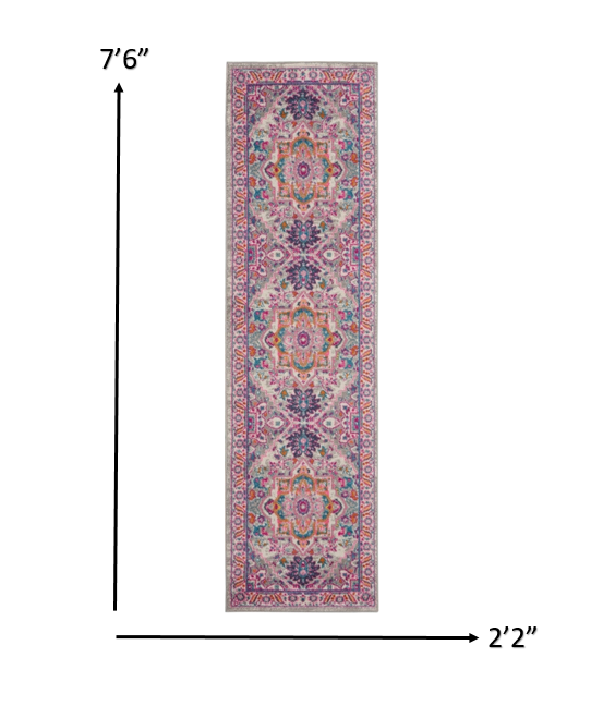 2 x 8 Light Gray and Pink Medallion Runner Rug