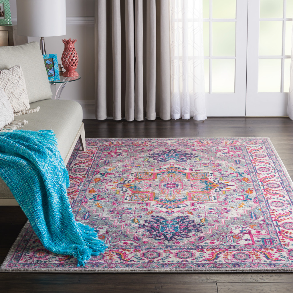 4" X 6" Pink And Gray Power Loom Area Rug