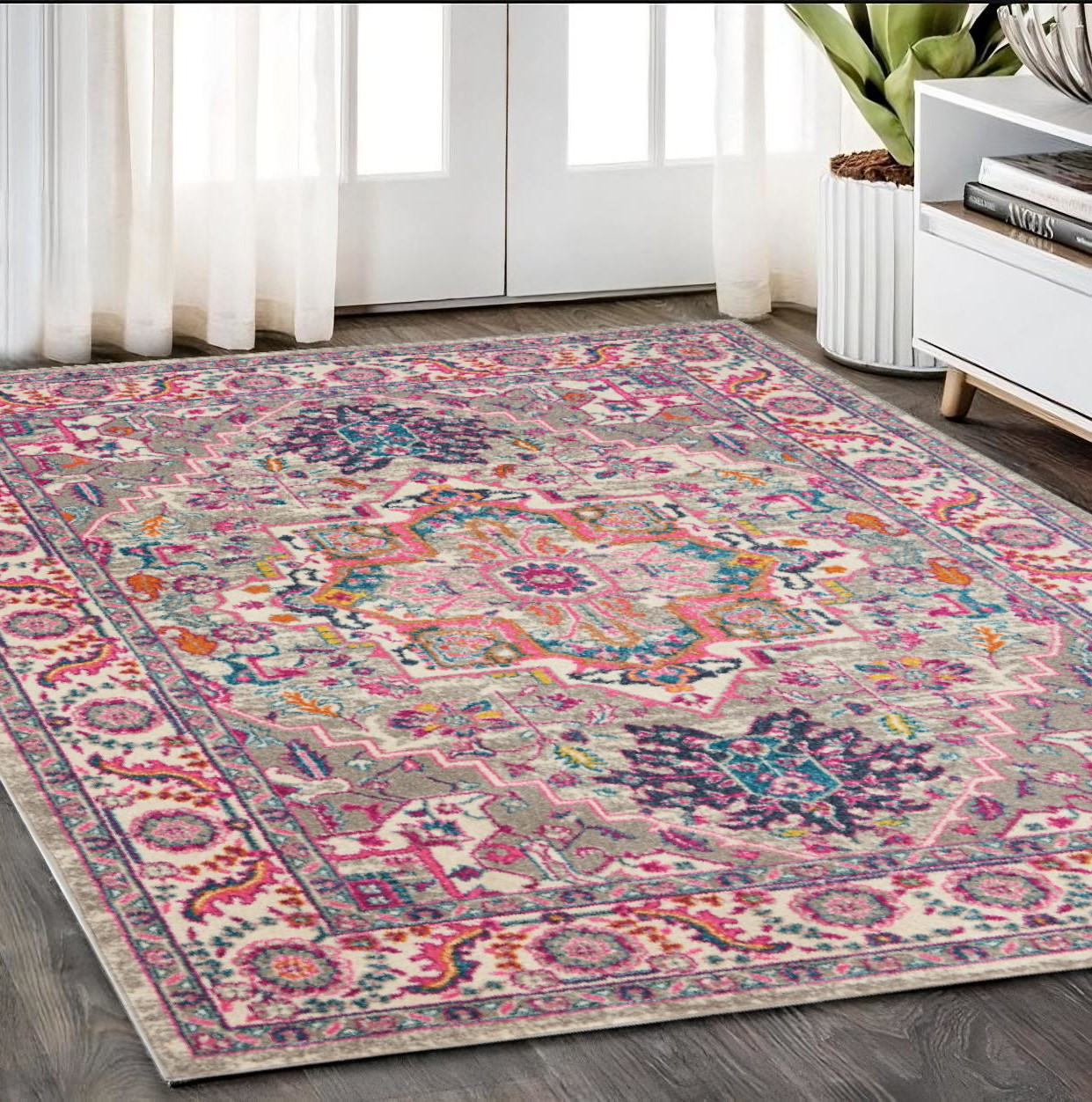 5" X 7" Pink And Gray Power Loom Area Rug