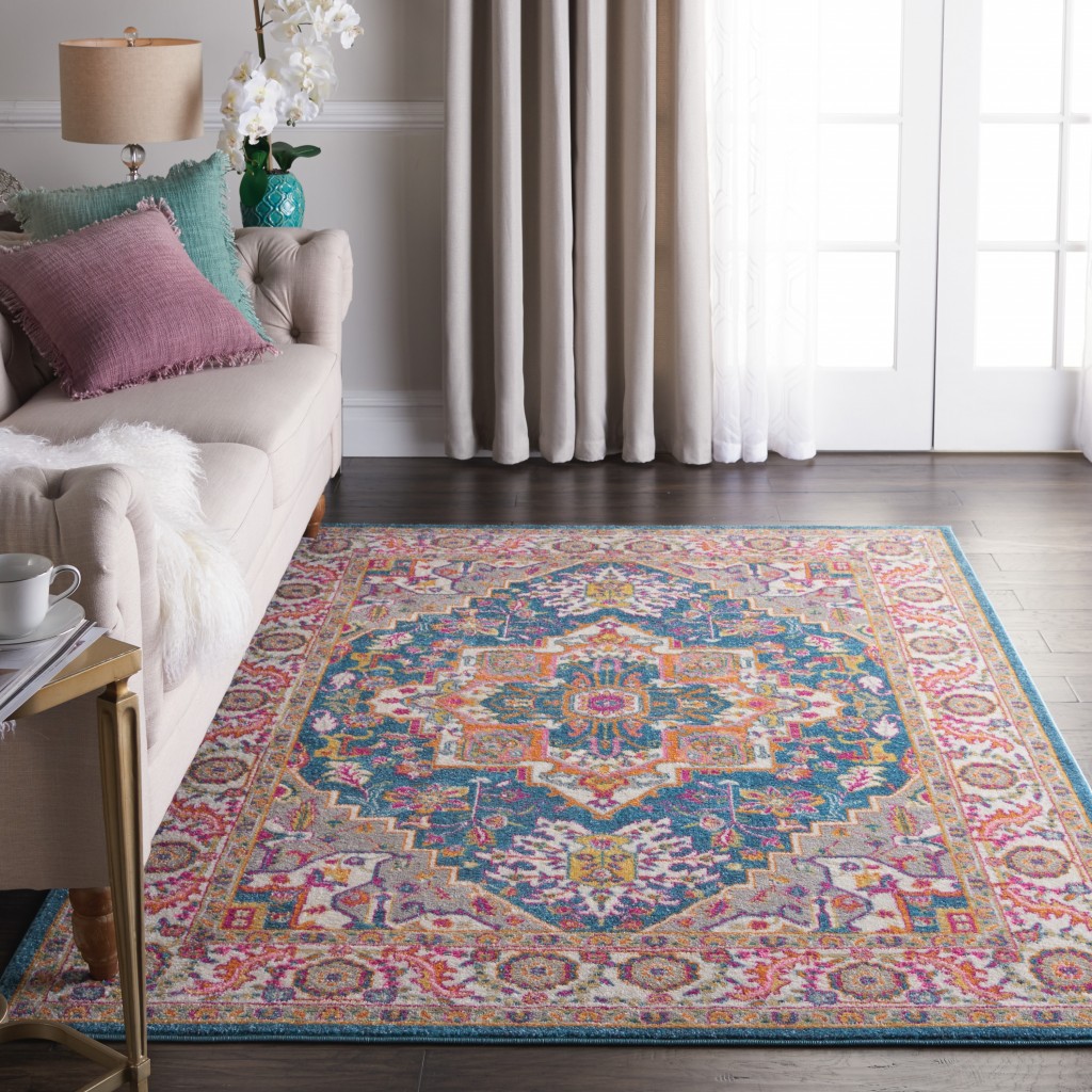 5 x 7 Teal and Pink Medallion Area Rug