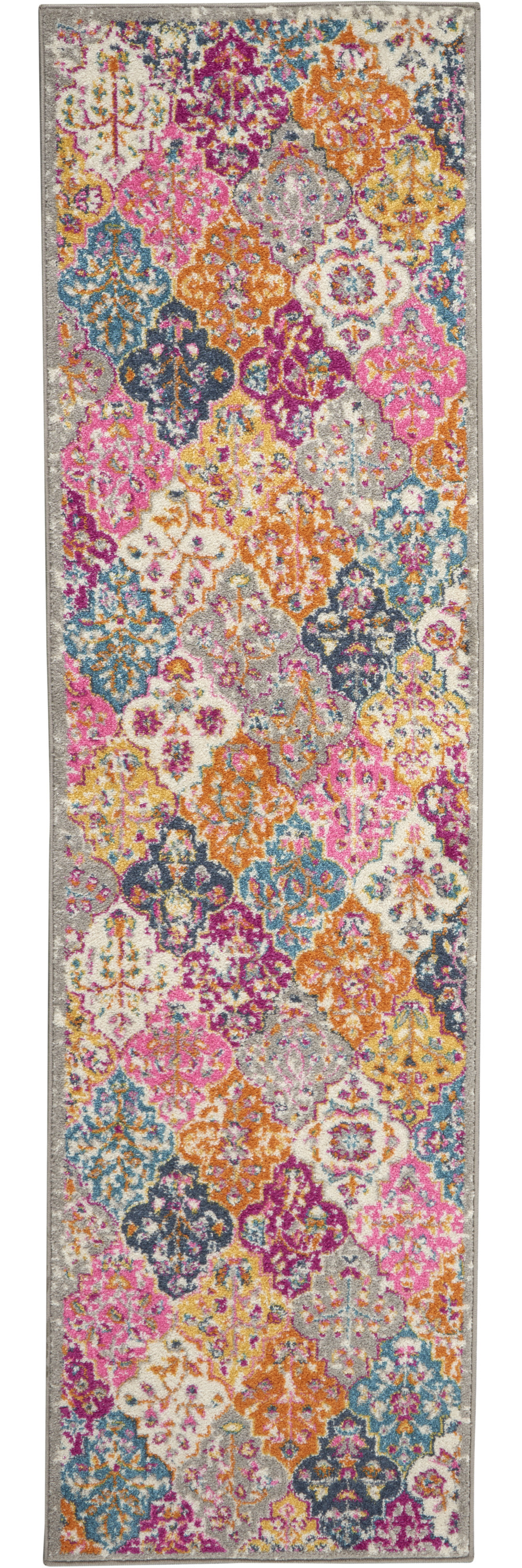8' Gray And Ivory Geometric Distressed Runner Rug-385508-1