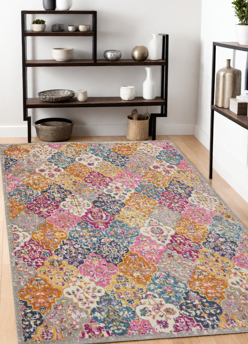 4" X 6" Pink And Gray Geometric Dhurrie Area Rug