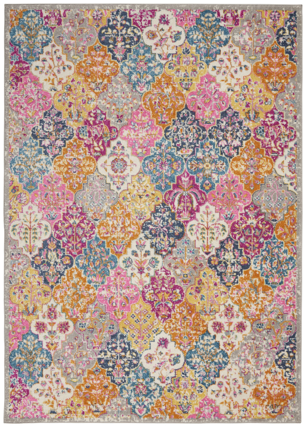 5' X 7' Gray Blue And Orange Quatrefoil Distressed Area Rug-385511-1