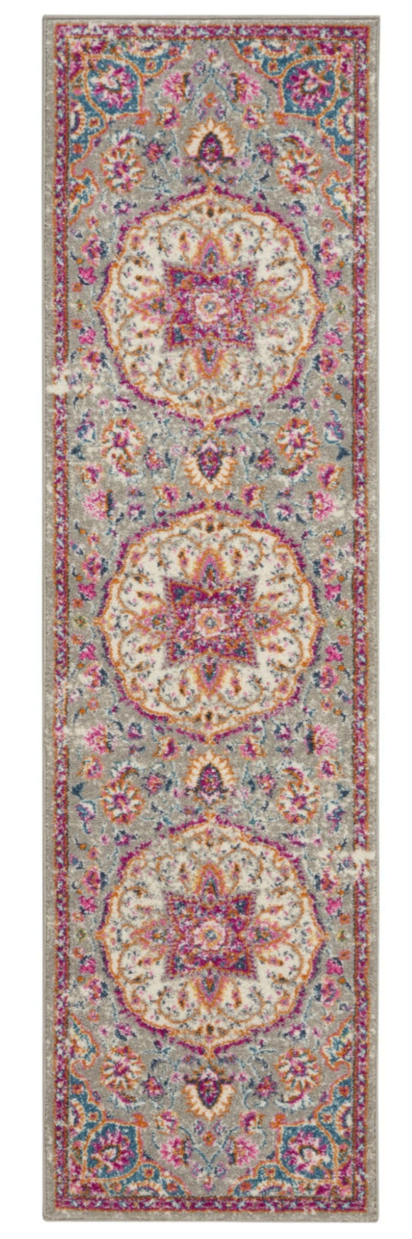 6' Gray And Ivory Medallion Runner Rug-385517-1