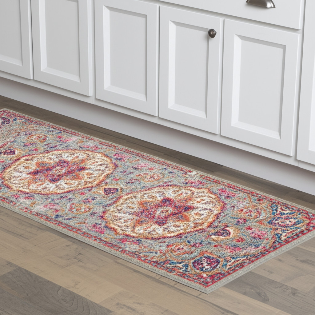 8' Gray And Ivory Medallion Runner Rug-385518-1