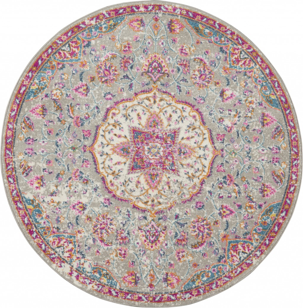 4' Pink And Gray Round Power Loom Area Rug-385520-1