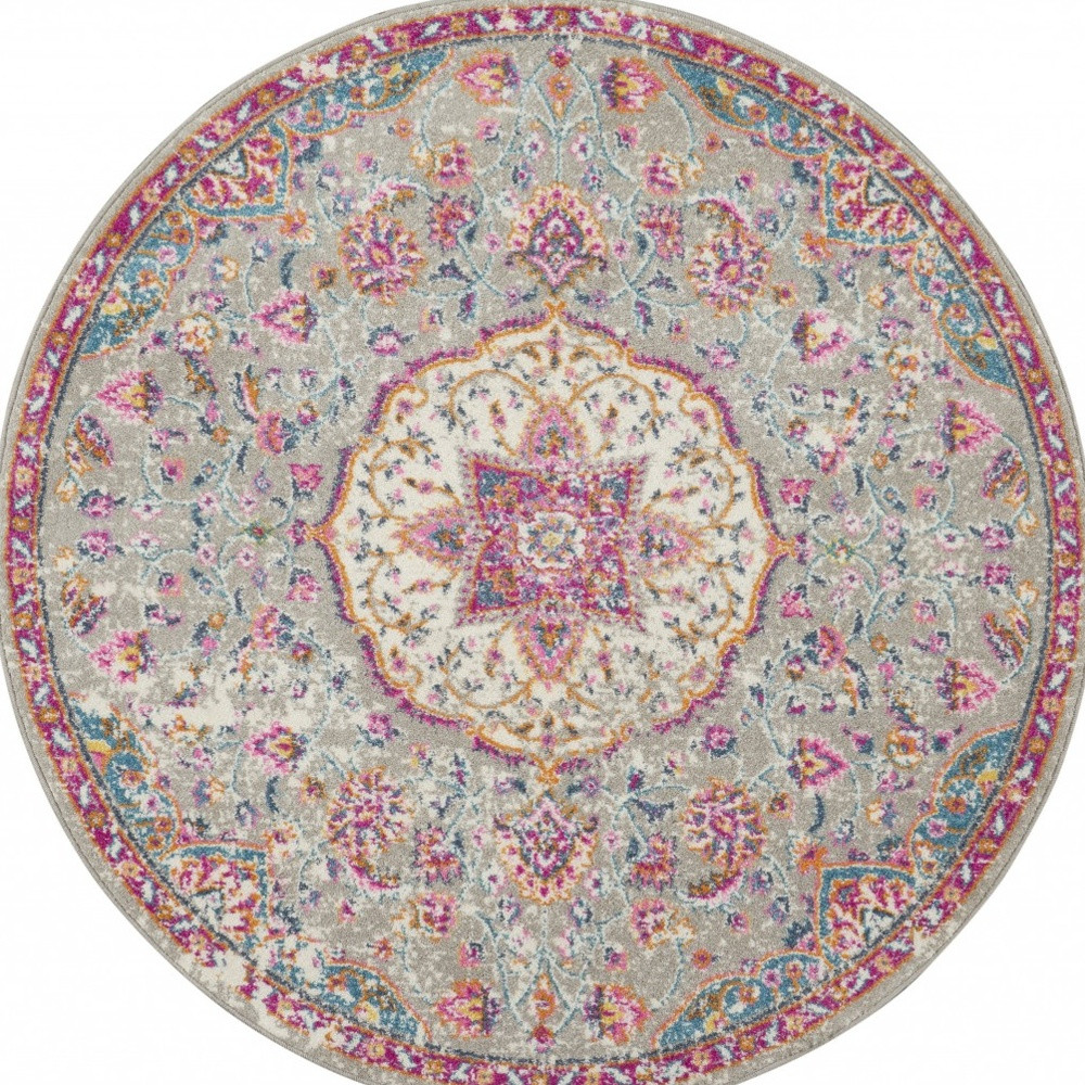 5' Gray And Pink Medallion Round Rug-385522-1