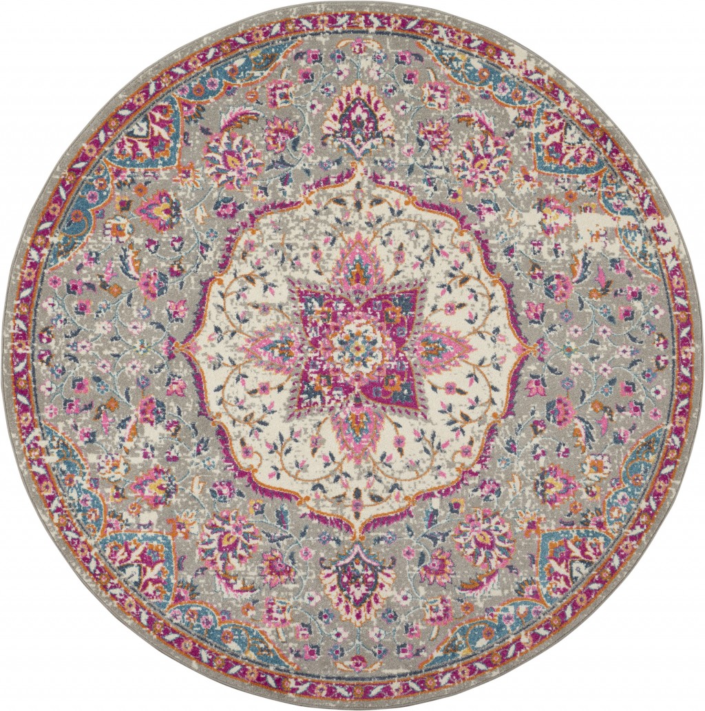8' Pink And Gray Round Power Loom Area Rug-385525-1