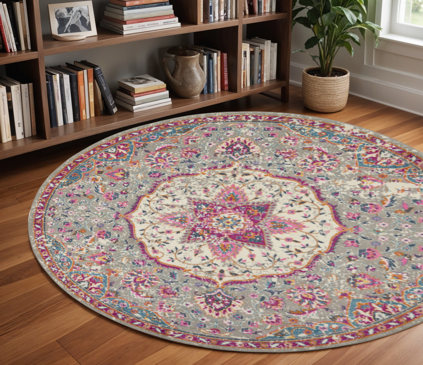 8' Gray And Ivory Medallion Round Rug-385525-1