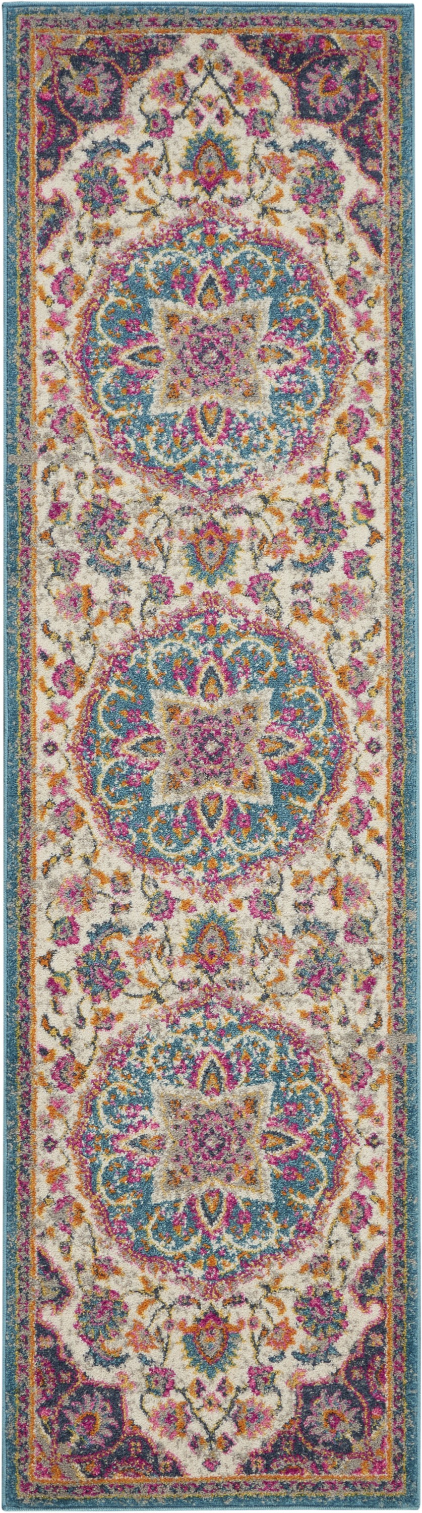 8' Pink And Green Dhurrie Runner Rug-385528-1
