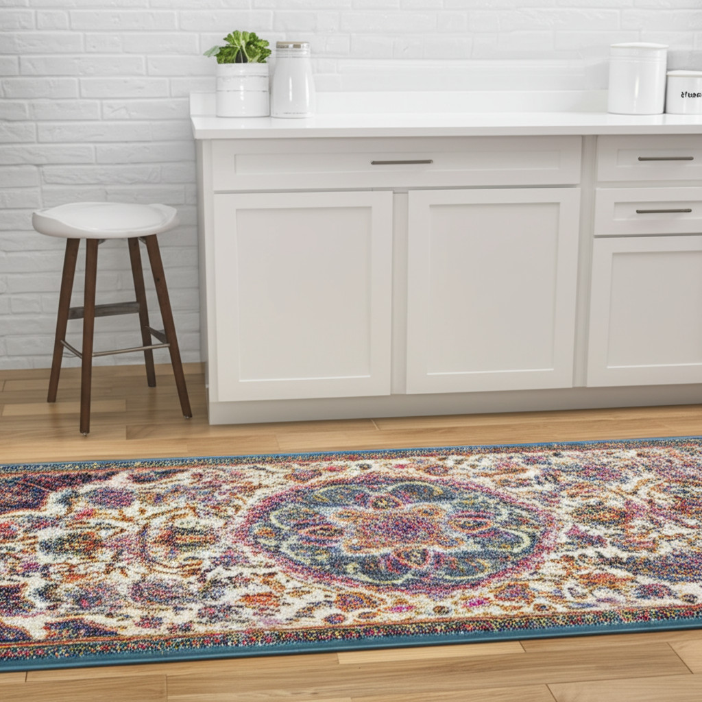 8' Ivory And Blue Medallion Runner Rug-385528-1