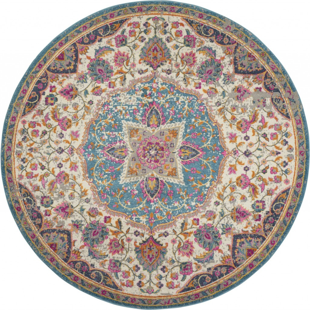 4' Ivory And Blue Medallion Round Rug-385530-1