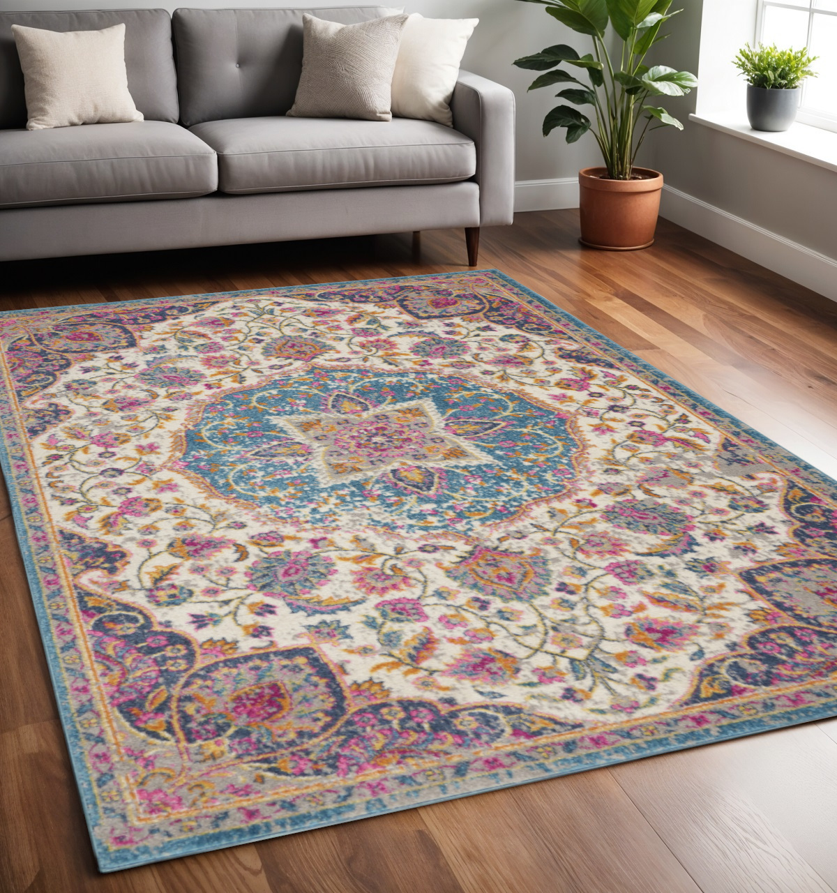 5' X 7' Ivory And Blue Medallion Area Rug-385531-1