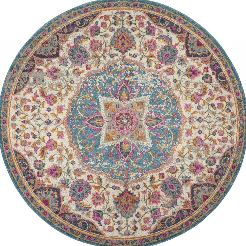 5' Ivory And Blue Medallion Round Rug-385532-1