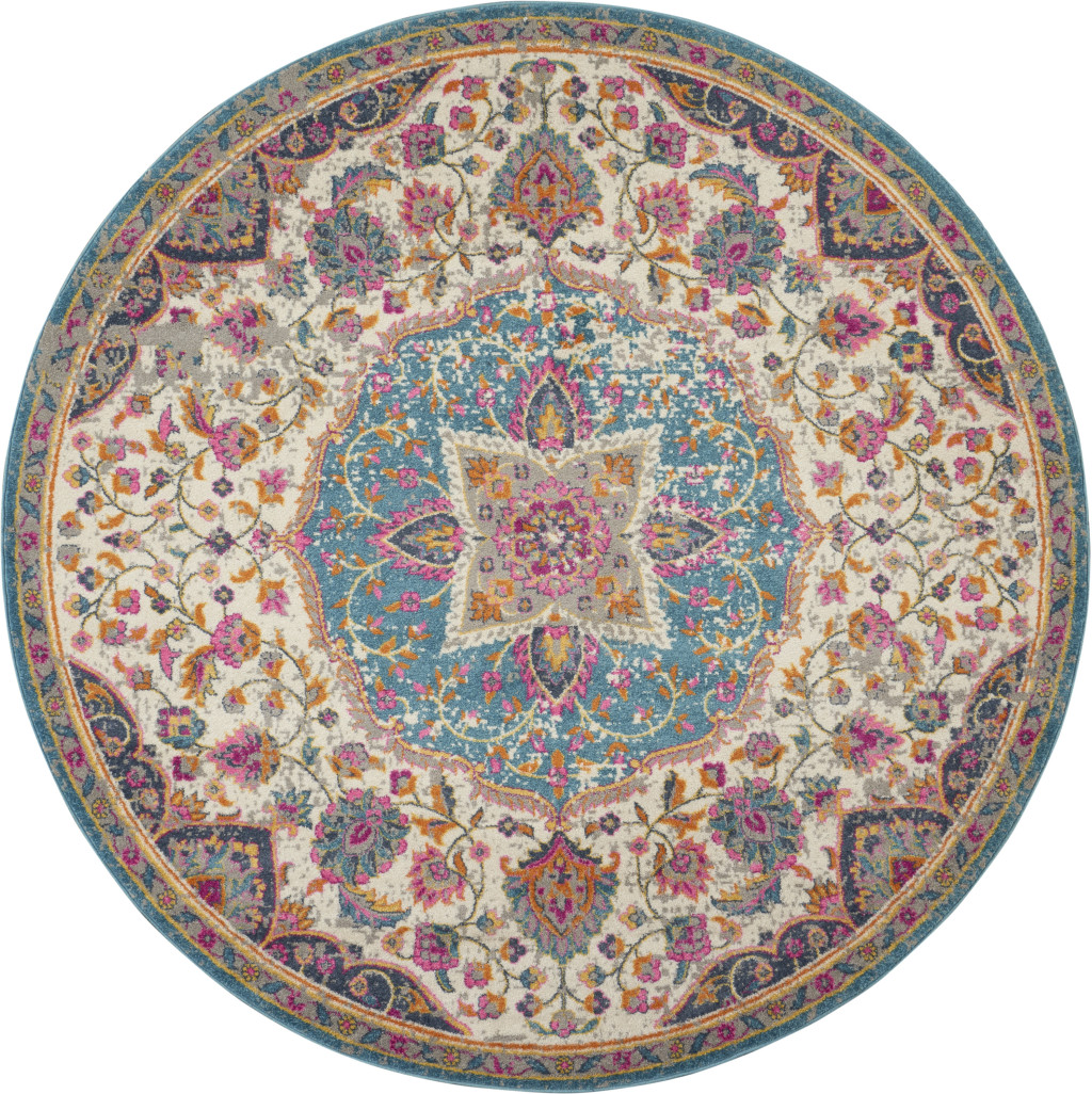 8' Ivory And Blue Medallion Round Rug-385535-1