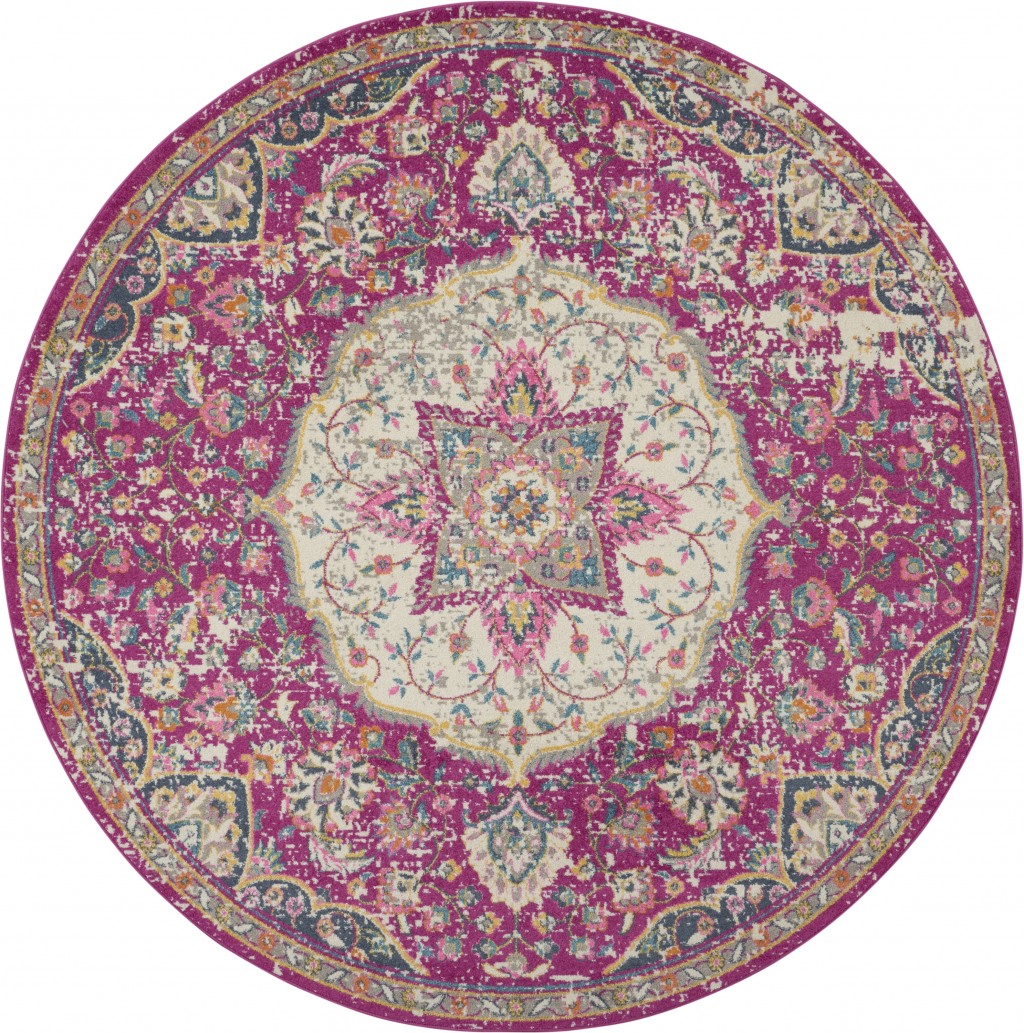 8 Round Pink And Ivory Medallion Area Rug