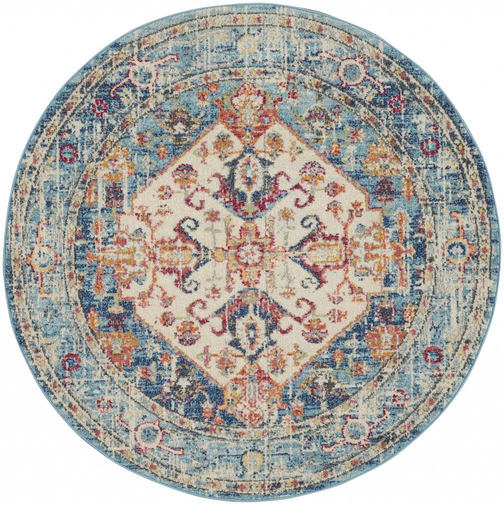 4' Blue And Ivory Round Power Loom Area Rug-385549-1
