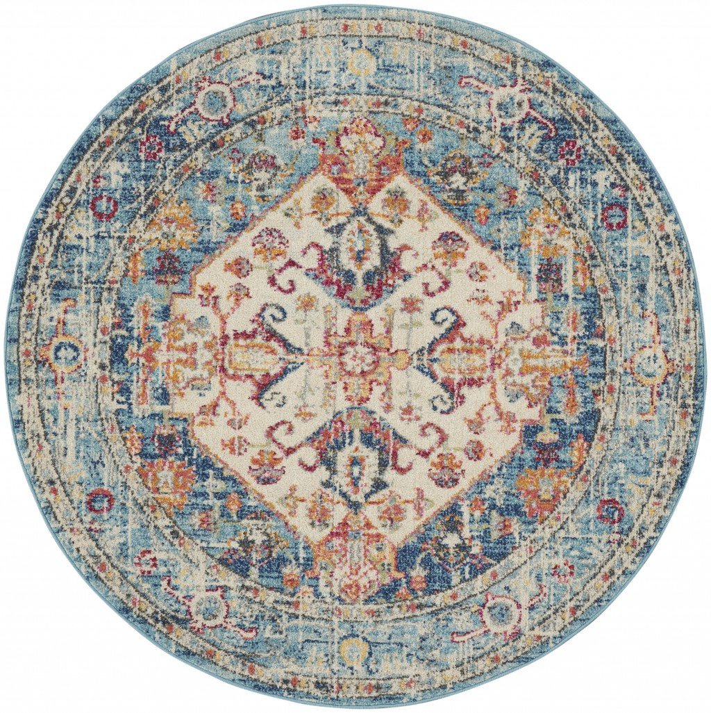 4" Blue And Ivory Round Power Loom Area Rug