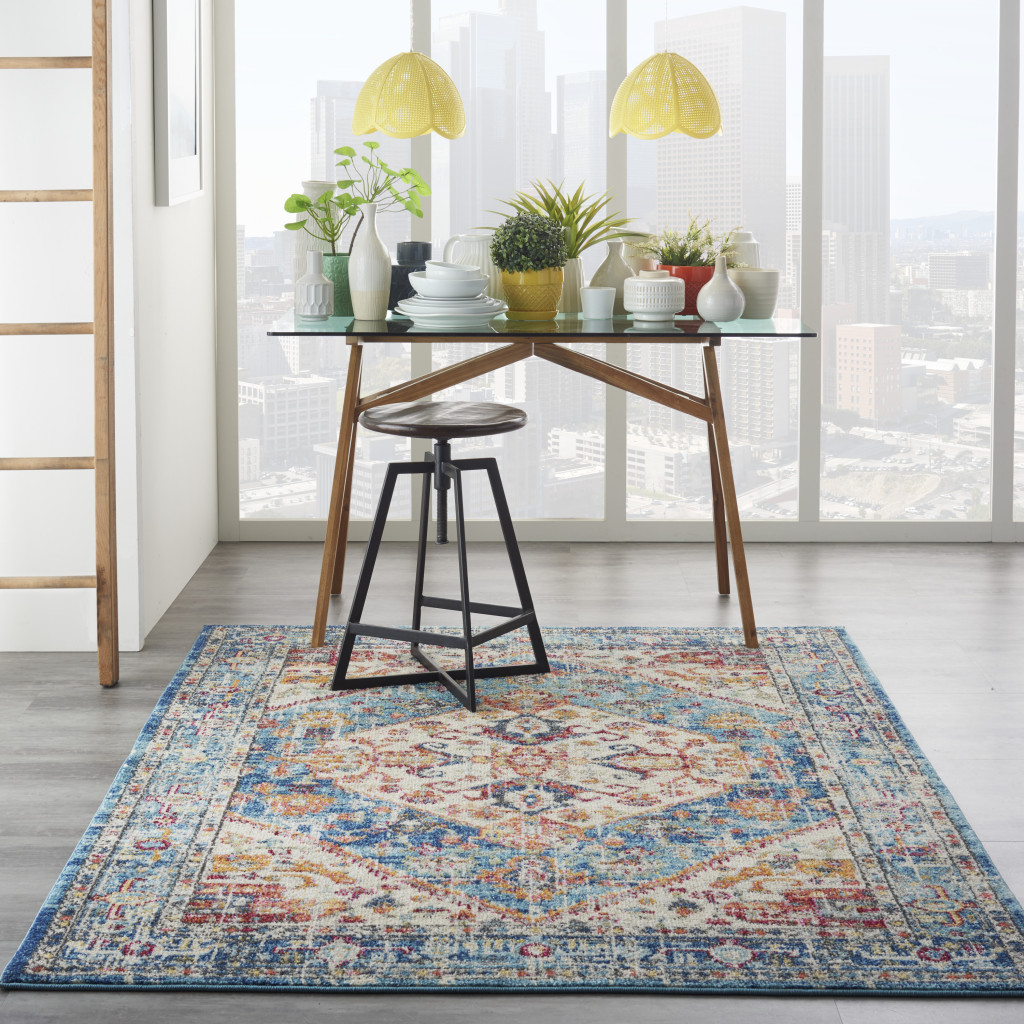 5" X 7" Blue And Ivory Power Loom Area Rug