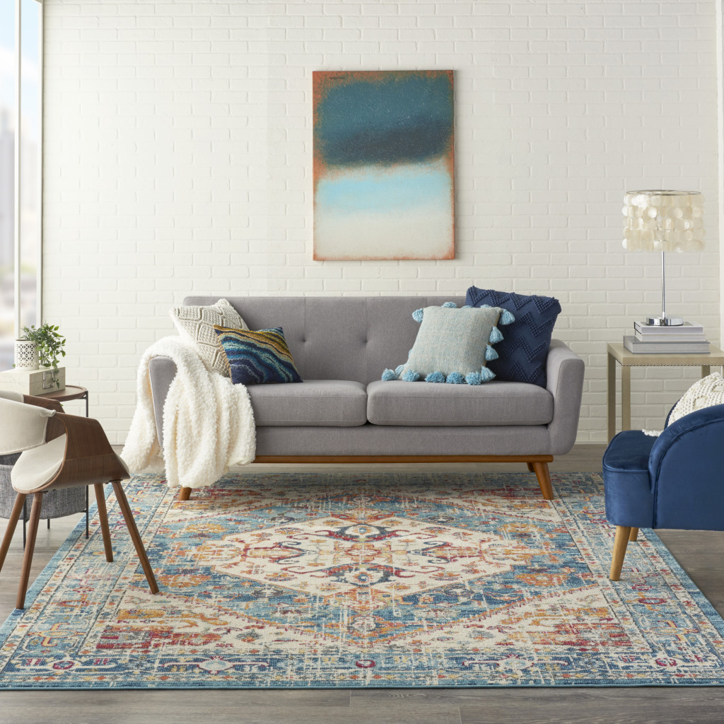 7" X 10" Blue And Ivory Power Loom Area Rug