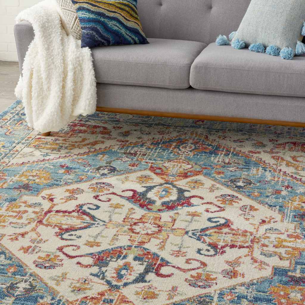 7" X 10" Blue And Ivory Power Loom Area Rug