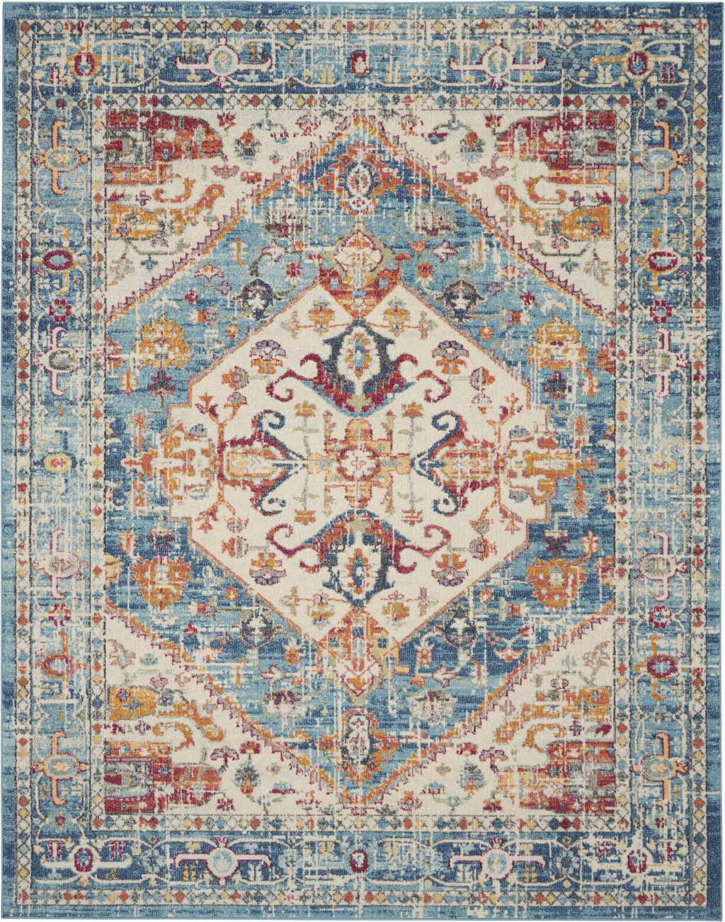 7" X 10" Blue And Ivory Power Loom Area Rug