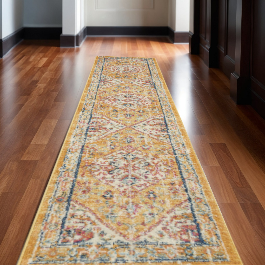 10' Yellow And Ivory Medallion Runner Rug-385560-1
