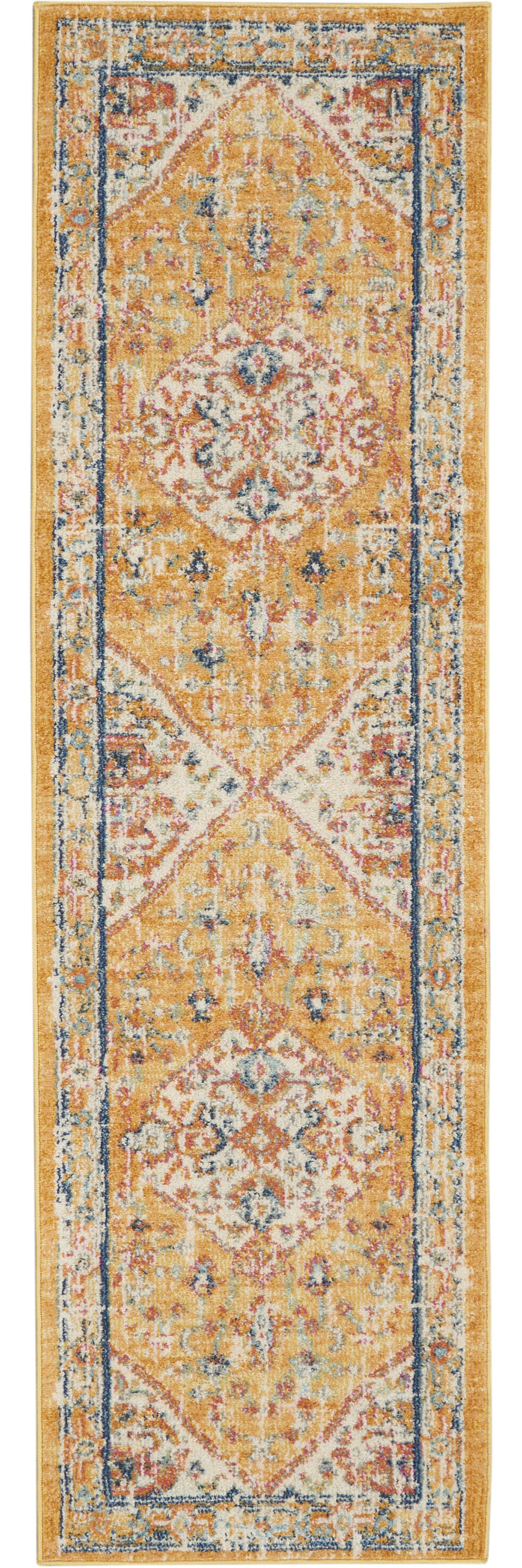8' Yellow And Ivory Medallion Runner Rug-385561-1