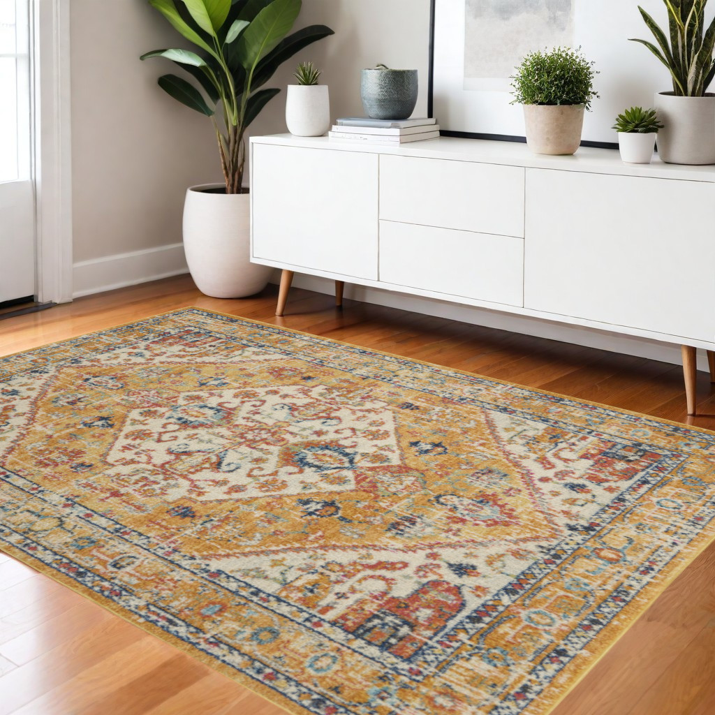 4' X 6' Yellow And Ivory Medallion Area Rug-385562-1