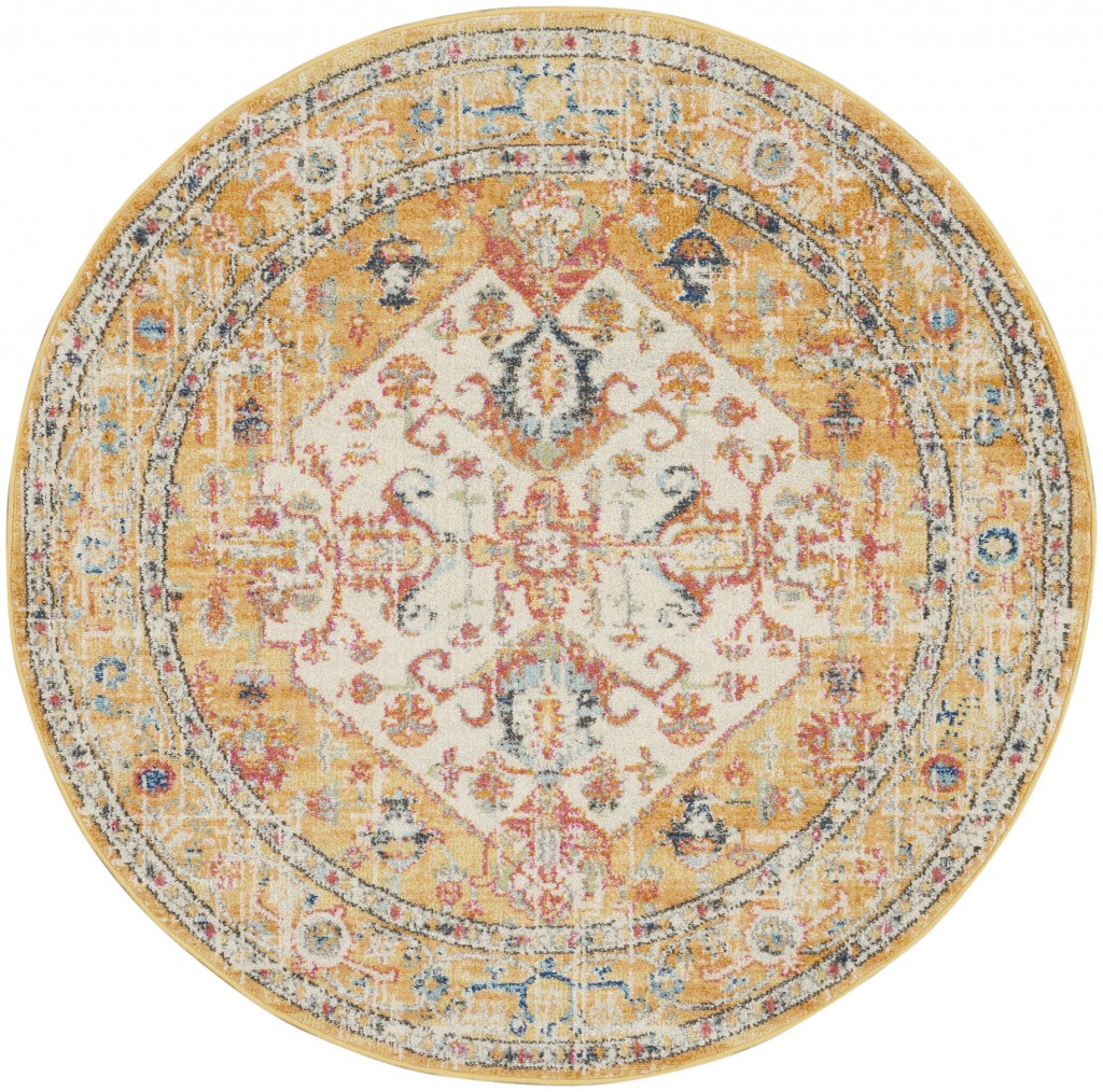 4' Yellow And Ivory Round Dhurrie Area Rug-385563-1