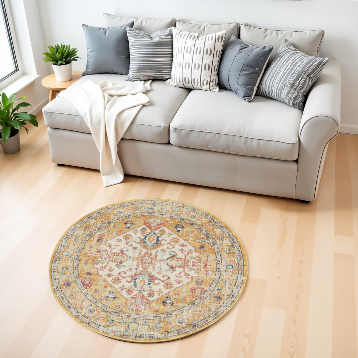 4' Yellow And Ivory Medallion Round Rug-385563-1