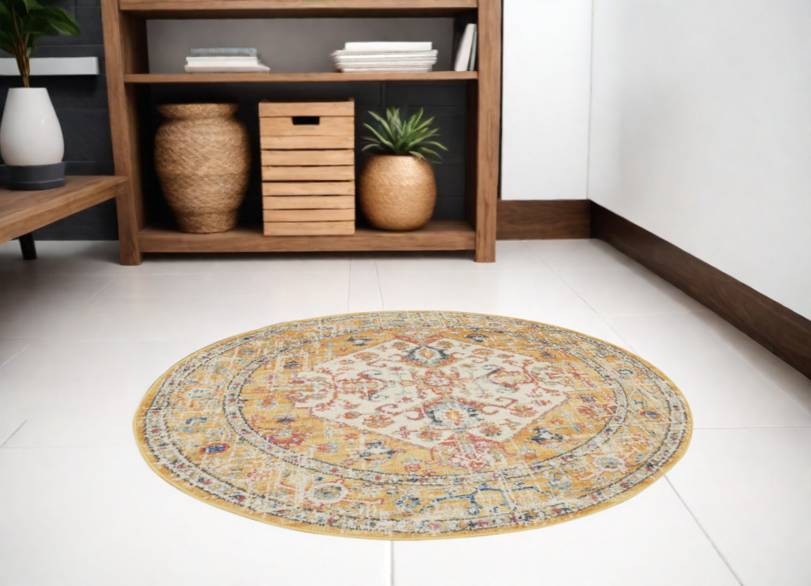 5' Yellow And Ivory Floral Medallion Round Rug-385565-1
