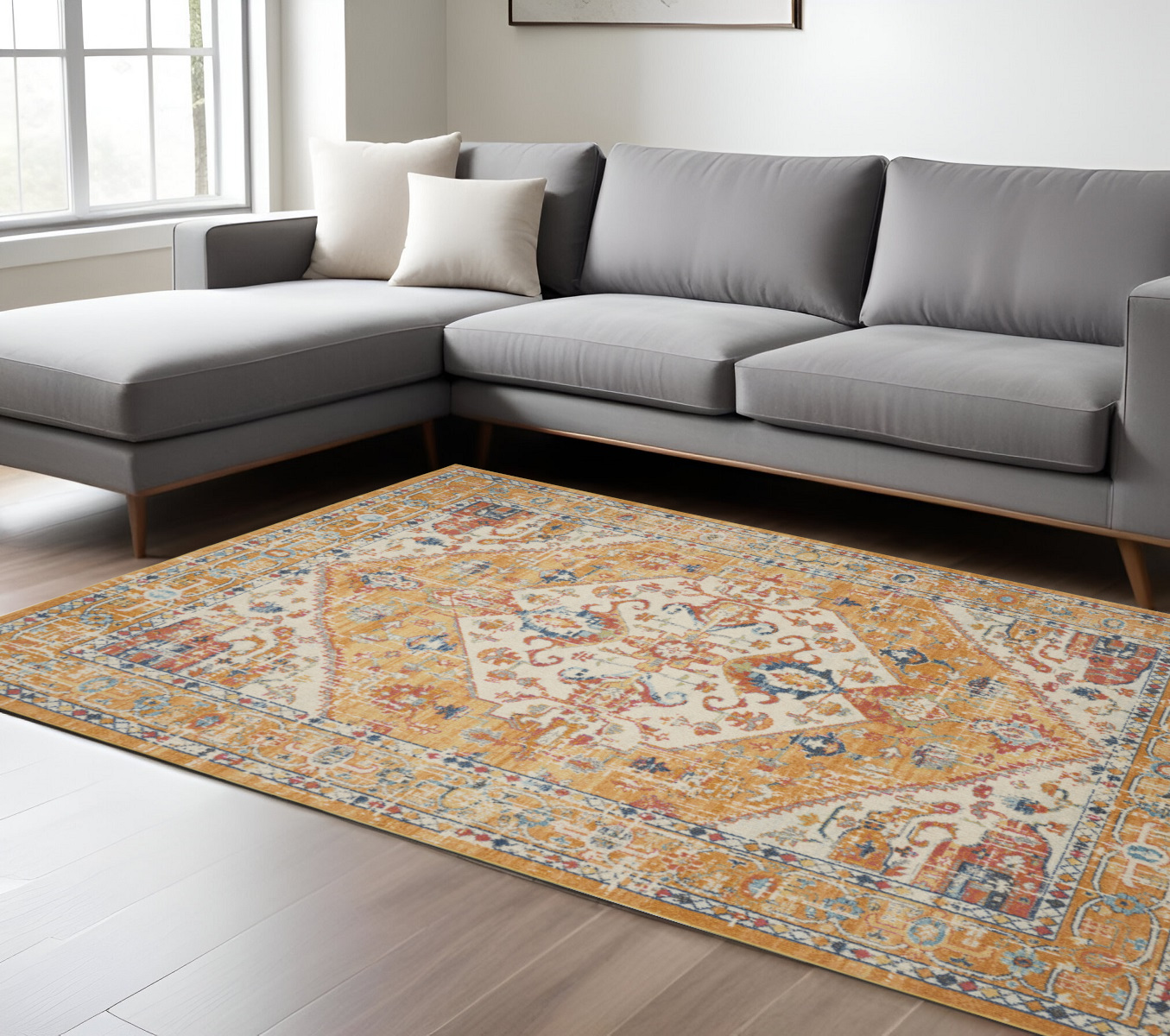 7' X 10' Yellow And Ivory Medallion Area Rug-385566-1