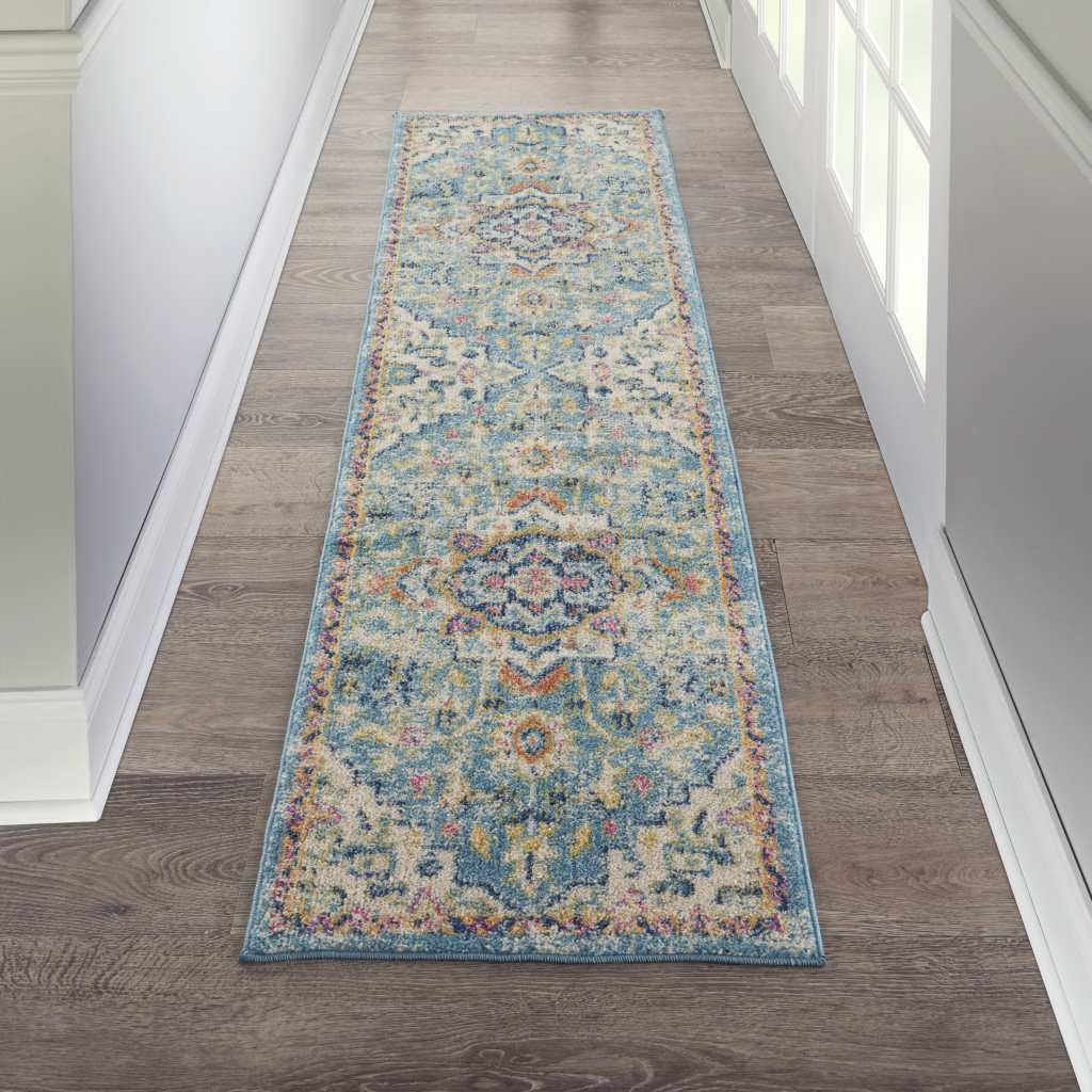6" Blue And Ivory Dhurrie Runner Rug