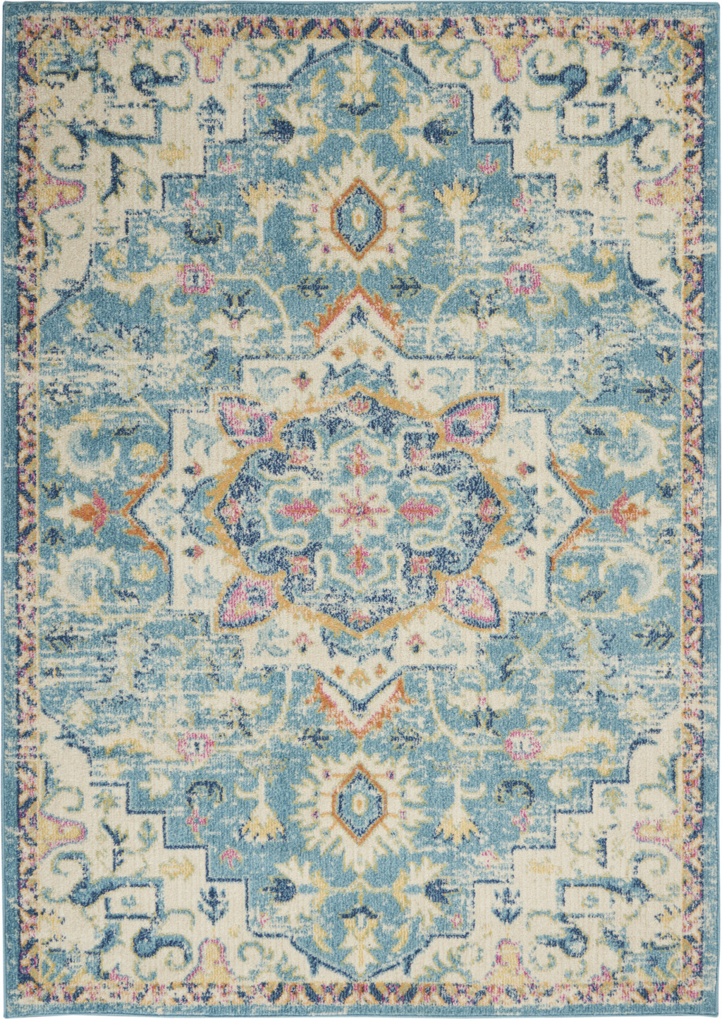 5' X 7' Ivory And Blue Oriental Distressed Area Rug-385581-1