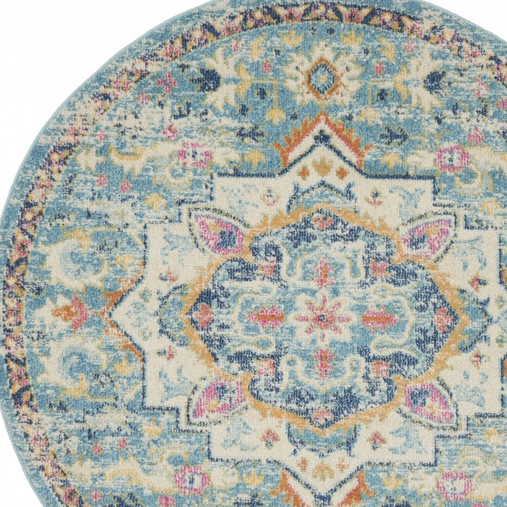 5" Blue And Ivory Round Dhurrie Area Rug