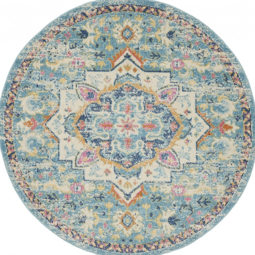 5" Blue And Ivory Round Dhurrie Area Rug